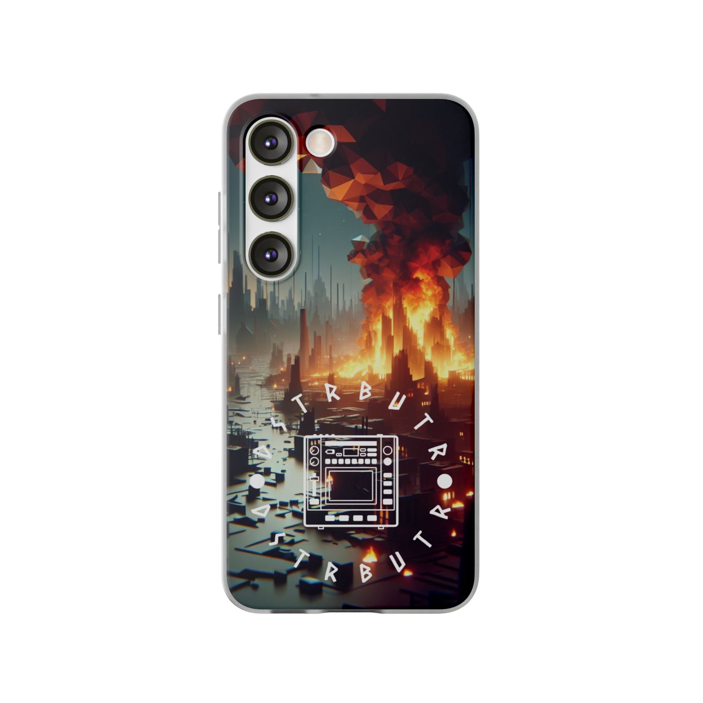 DSTRBUTR Flexi Cases with Fiery Cityscape Design – Perfect for Tech Enthusiasts and Gamers