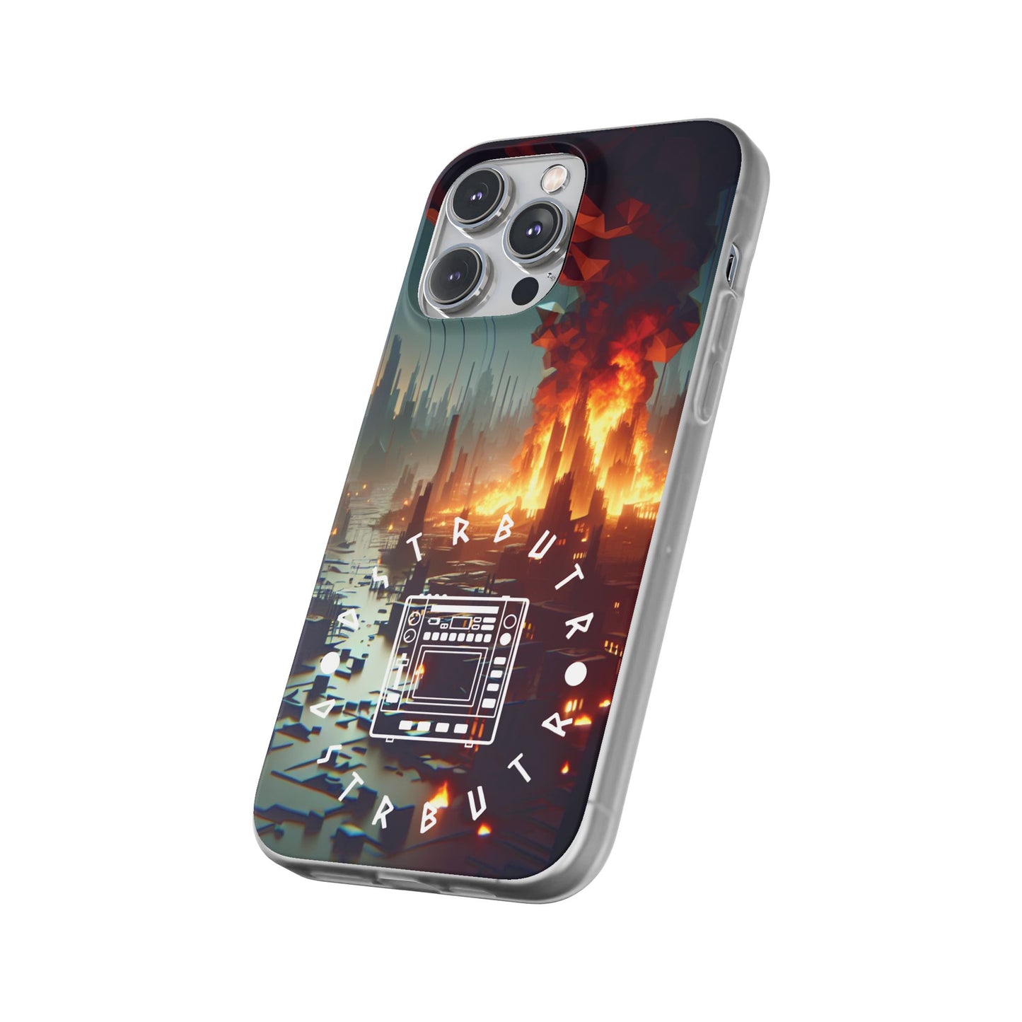 DSTRBUTR Flexi Cases with Fiery Cityscape Design – Perfect for Tech Enthusiasts and Gamers