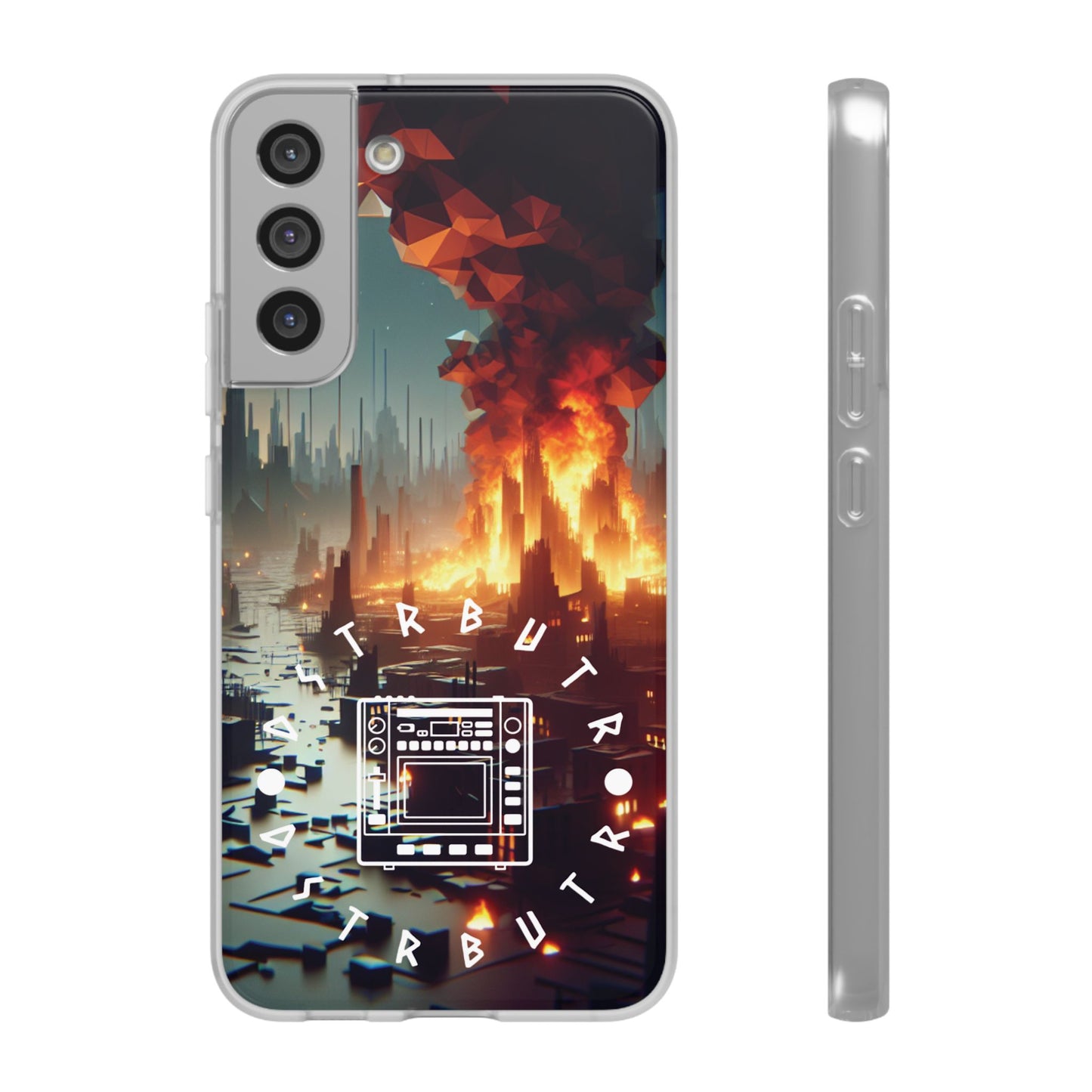 DSTRBUTR Flexi Cases with Fiery Cityscape Design – Perfect for Tech Enthusiasts and Gamers