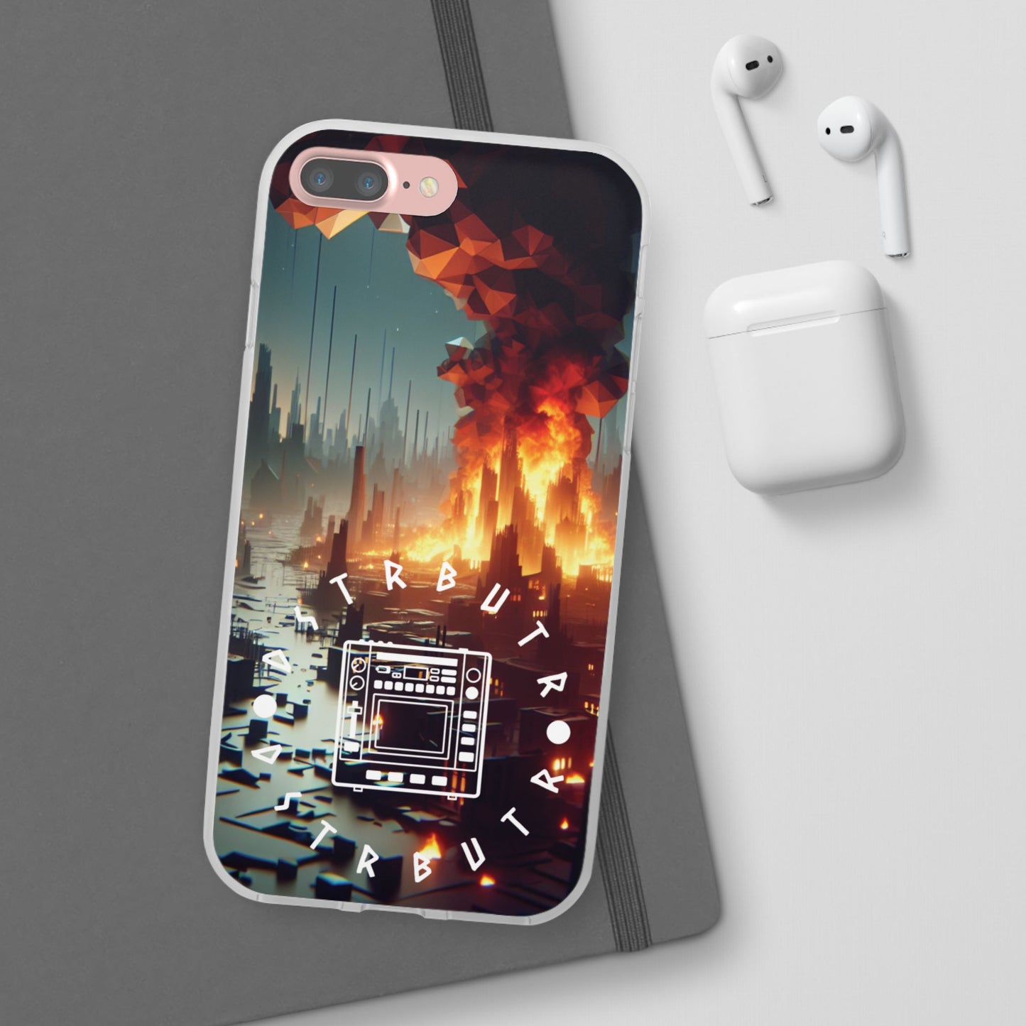 DSTRBUTR Flexi Cases with Fiery Cityscape Design – Perfect for Tech Enthusiasts and Gamers