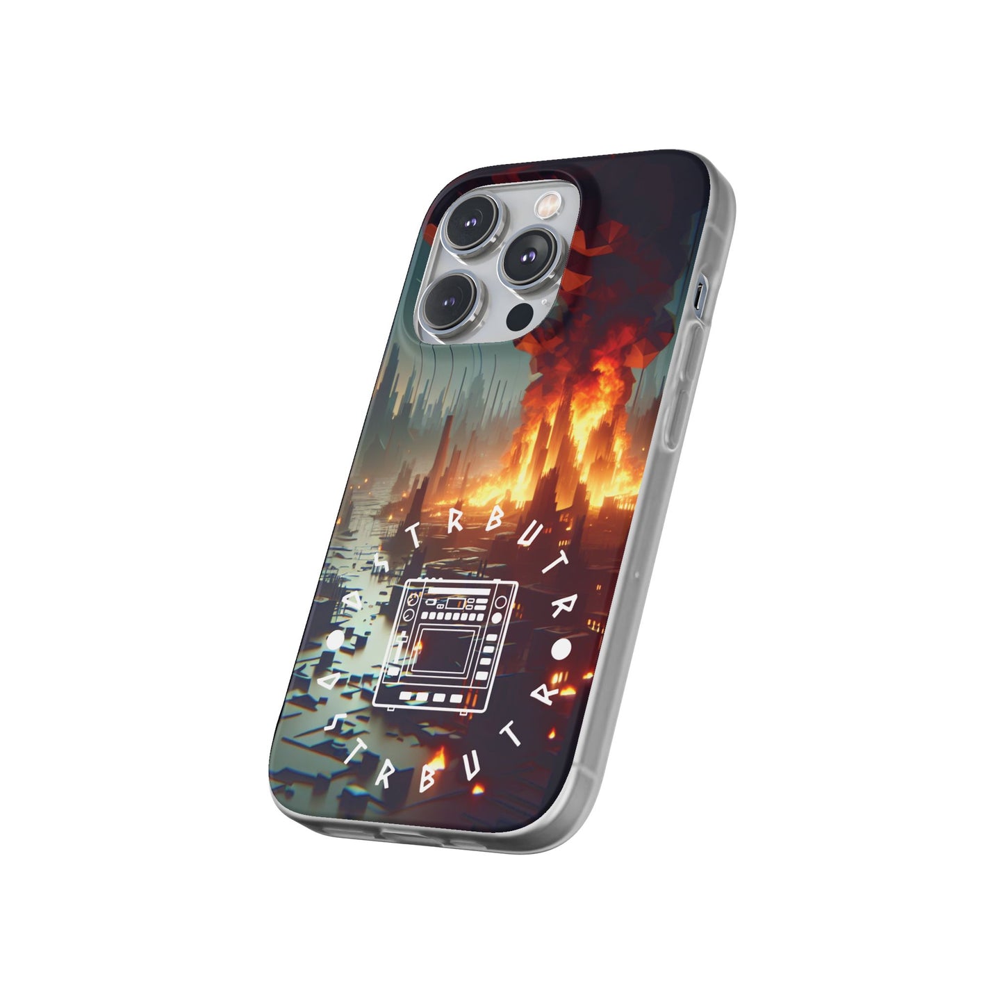 DSTRBUTR Flexi Cases with Fiery Cityscape Design – Perfect for Tech Enthusiasts and Gamers