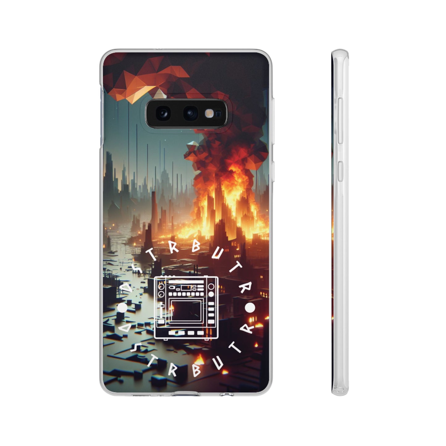 DSTRBUTR Flexi Cases with Fiery Cityscape Design – Perfect for Tech Enthusiasts and Gamers