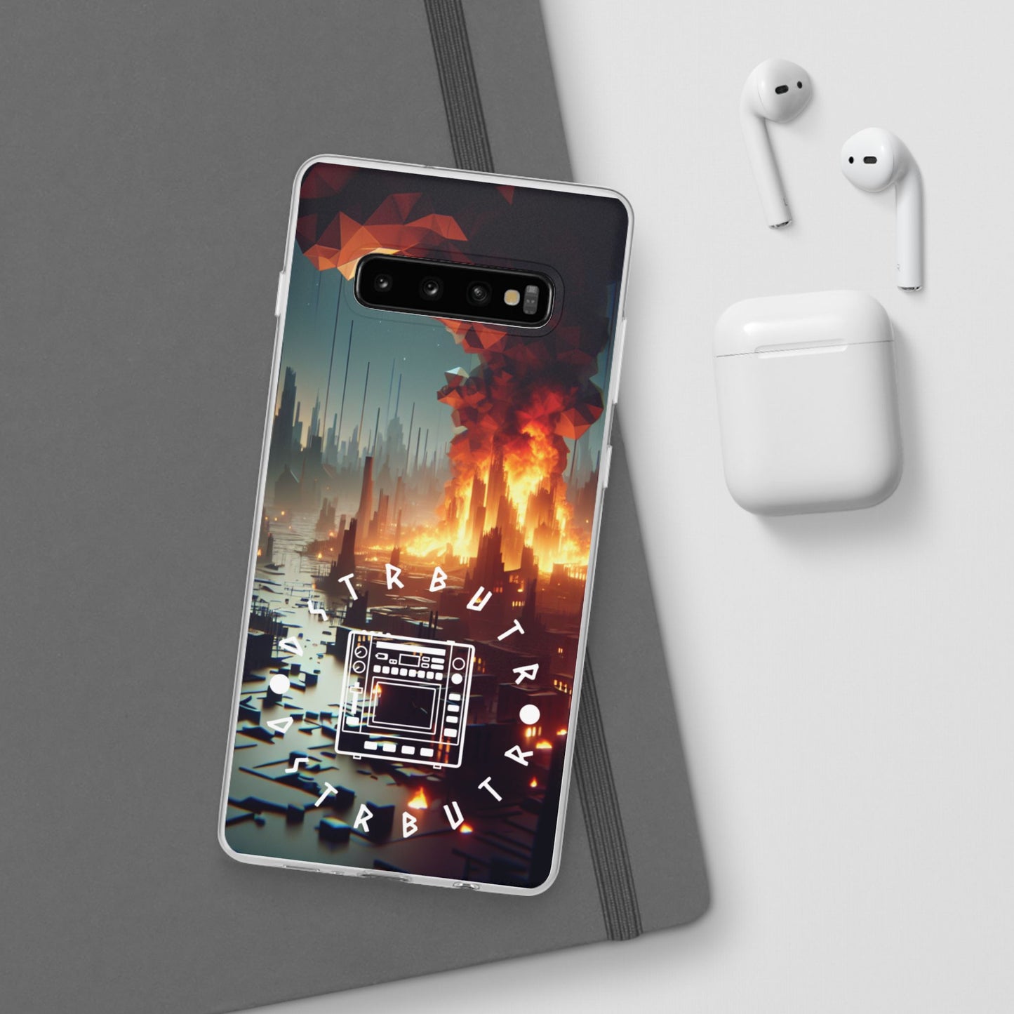 DSTRBUTR Flexi Cases with Fiery Cityscape Design – Perfect for Tech Enthusiasts and Gamers