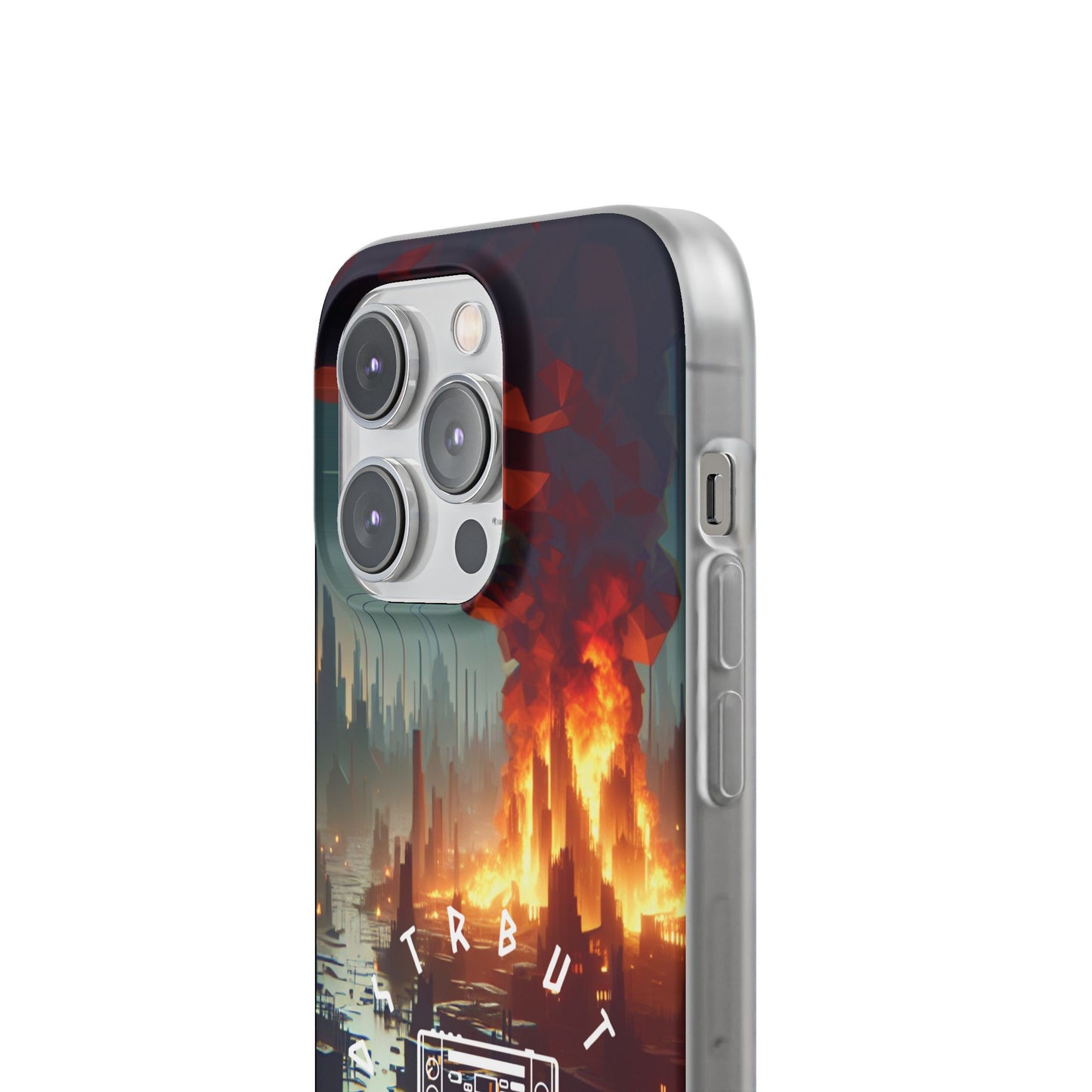 DSTRBUTR Flexi Cases with Fiery Cityscape Design – Perfect for Tech Enthusiasts and Gamers