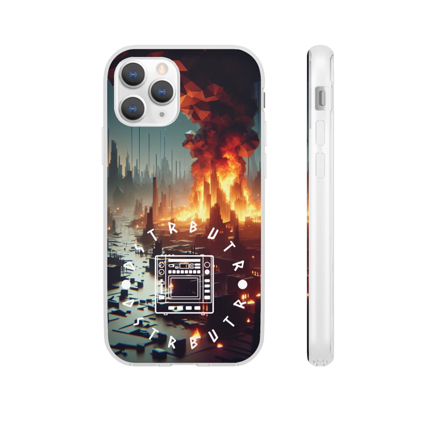 DSTRBUTR Flexi Cases with Fiery Cityscape Design – Perfect for Tech Enthusiasts and Gamers