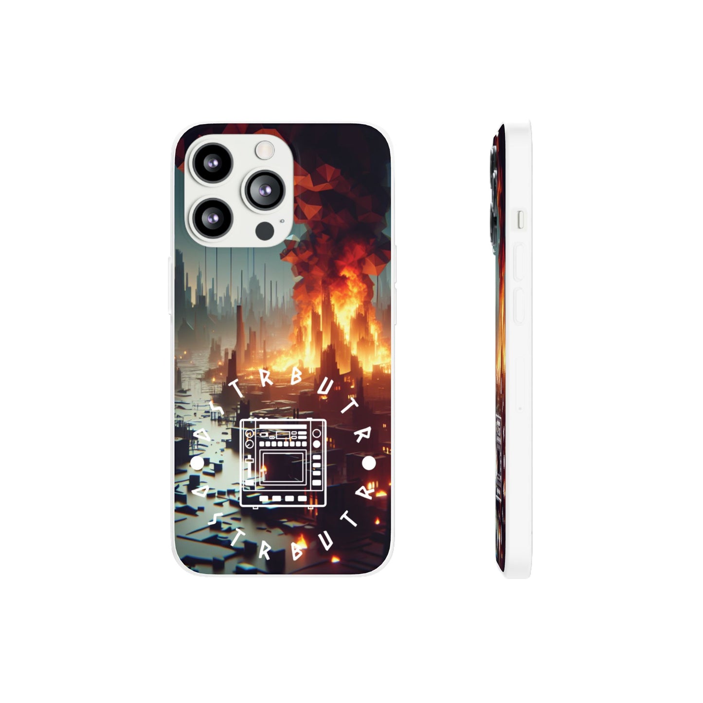 DSTRBUTR Flexi Cases with Fiery Cityscape Design – Perfect for Tech Enthusiasts and Gamers