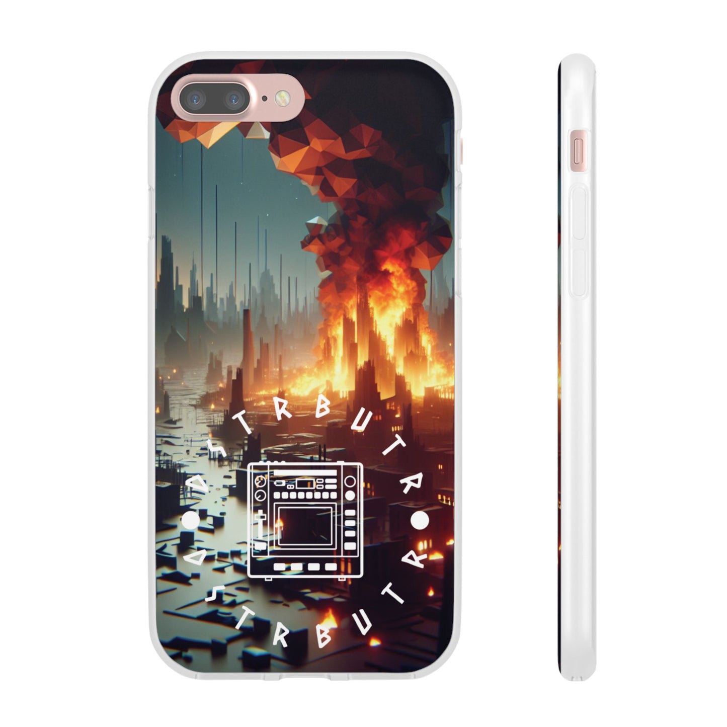 DSTRBUTR Flexi Cases with Fiery Cityscape Design – Perfect for Tech Enthusiasts and Gamers