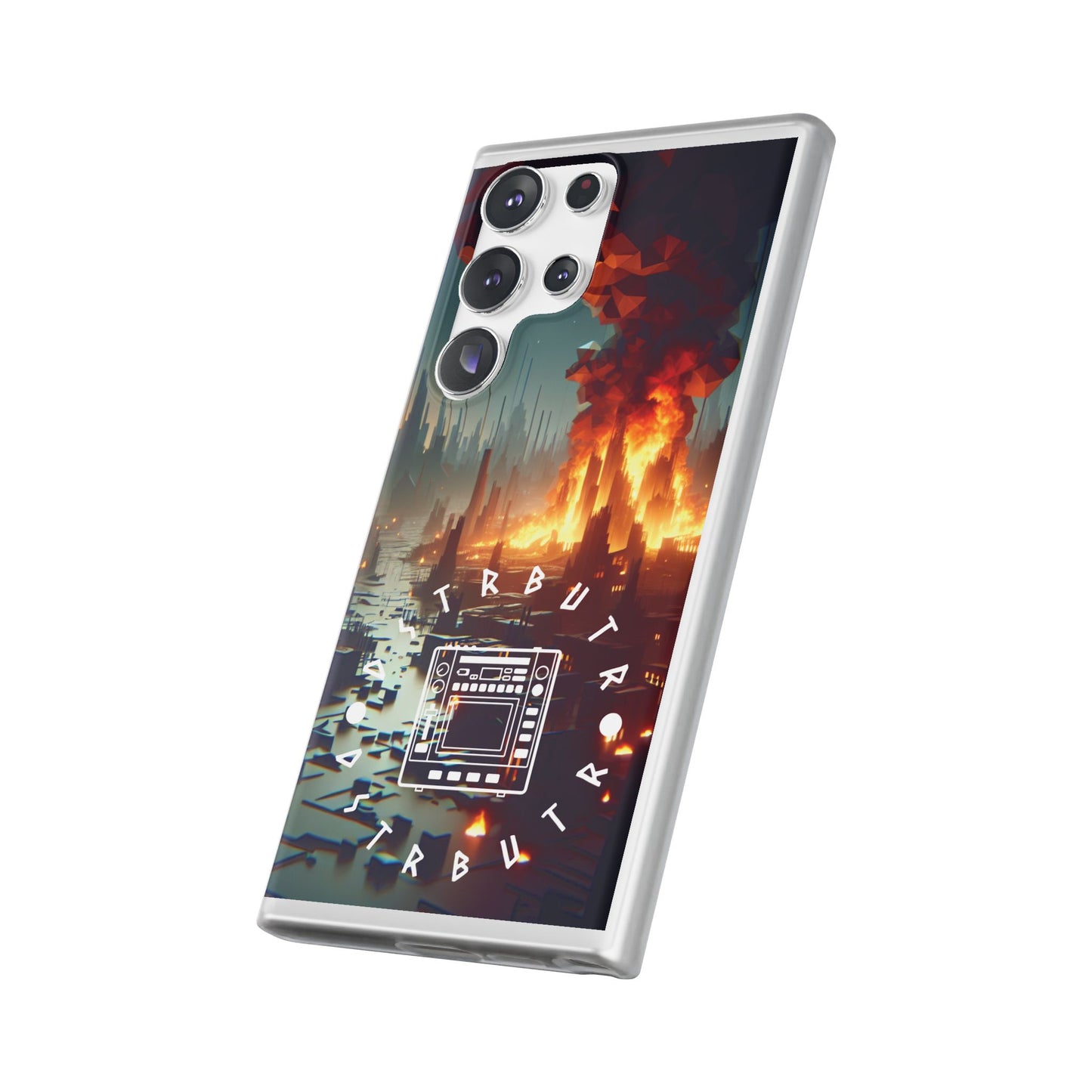 DSTRBUTR Flexi Cases with Fiery Cityscape Design – Perfect for Tech Enthusiasts and Gamers