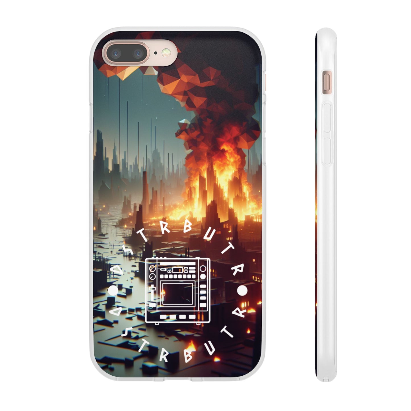 DSTRBUTR Flexi Cases with Fiery Cityscape Design – Perfect for Tech Enthusiasts and Gamers