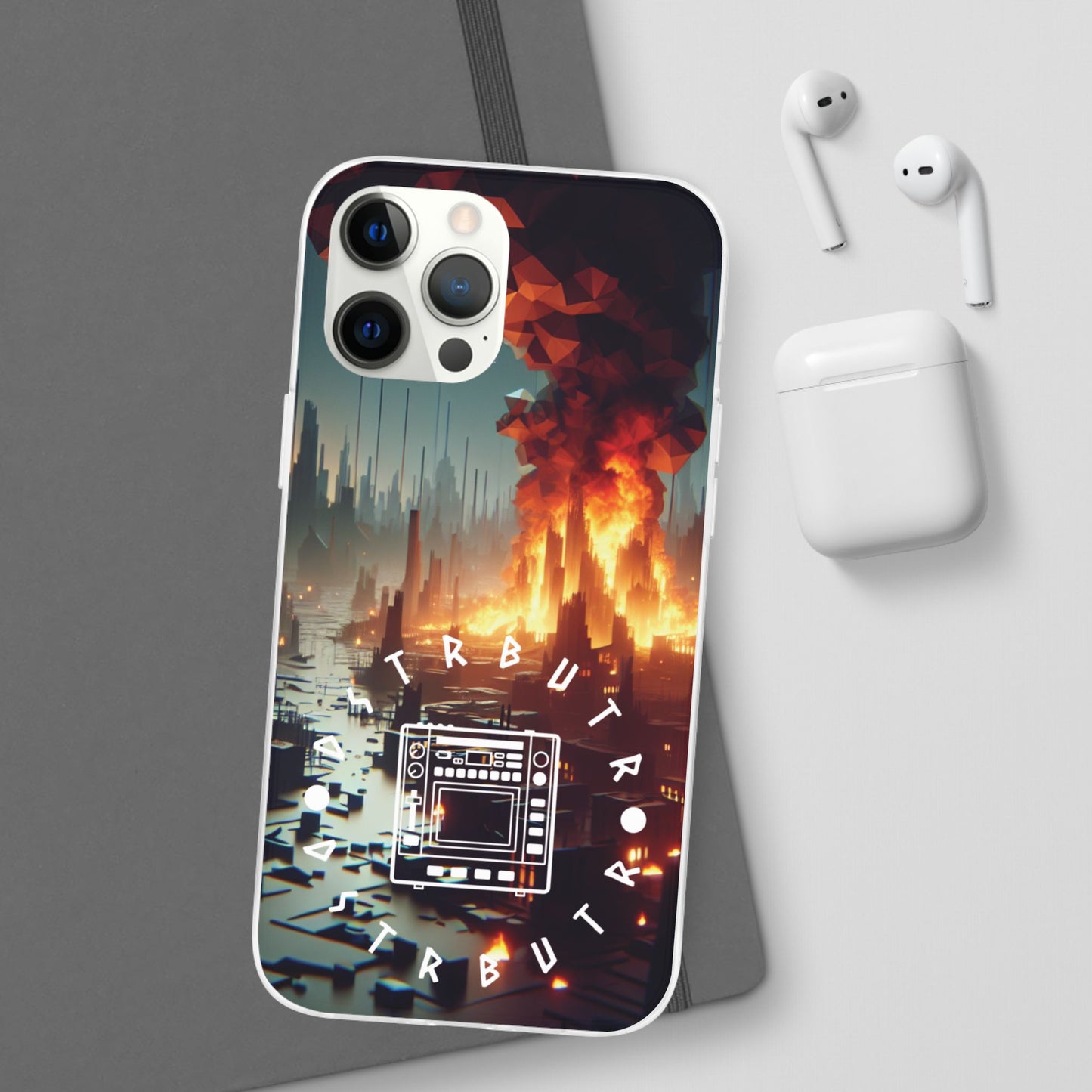 DSTRBUTR Flexi Cases with Fiery Cityscape Design – Perfect for Tech Enthusiasts and Gamers