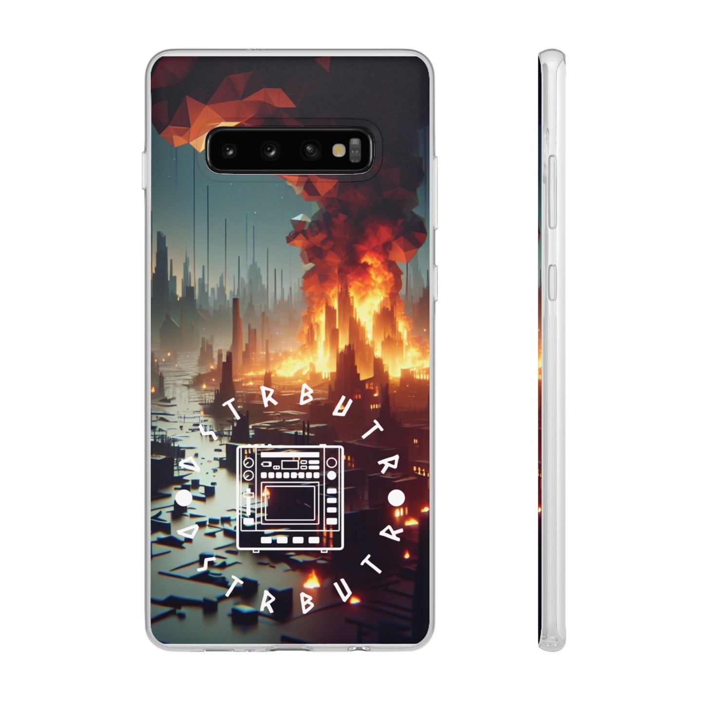 DSTRBUTR Flexi Cases with Fiery Cityscape Design – Perfect for Tech Enthusiasts and Gamers