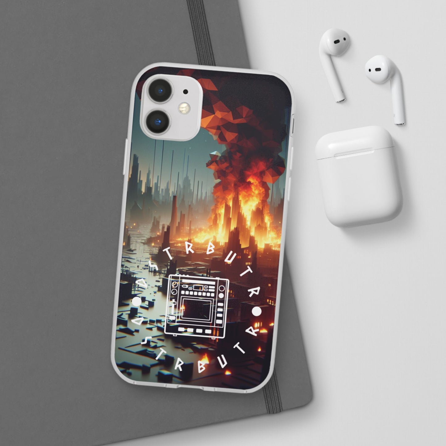 DSTRBUTR Flexi Cases with Fiery Cityscape Design – Perfect for Tech Enthusiasts and Gamers