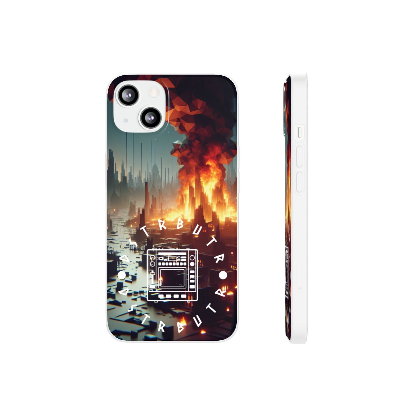 DSTRBUTR Flexi Cases with Fiery Cityscape Design – Perfect for Tech Enthusiasts and Gamers