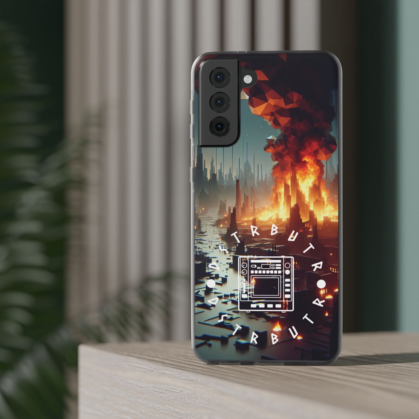 DSTRBUTR Flexi Cases with Fiery Cityscape Design – Perfect for Tech Enthusiasts and Gamers