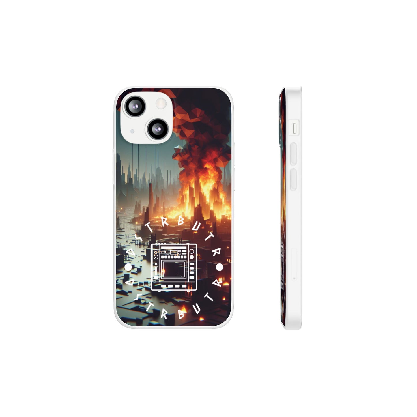 DSTRBUTR Flexi Cases with Fiery Cityscape Design – Perfect for Tech Enthusiasts and Gamers