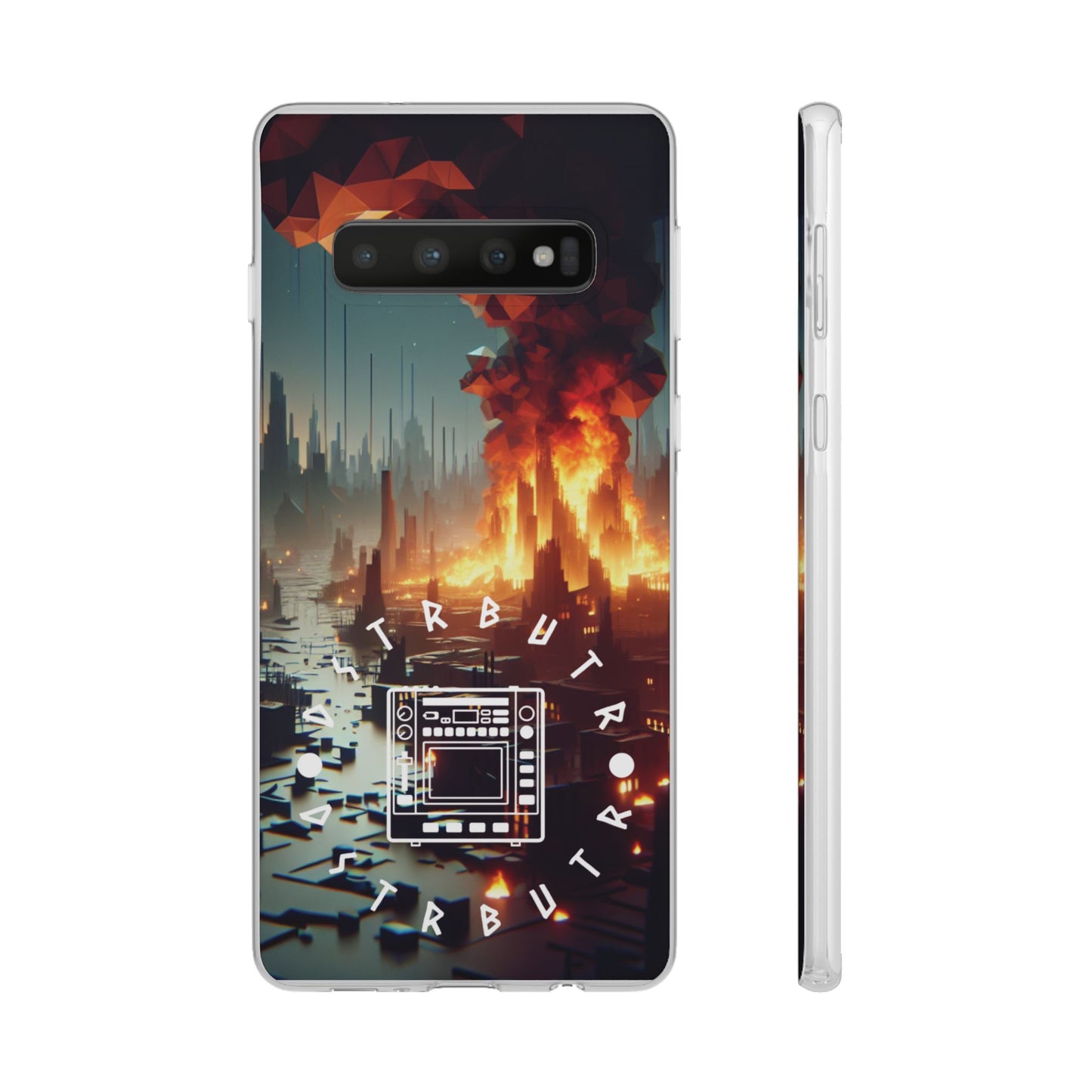 DSTRBUTR Flexi Cases with Fiery Cityscape Design – Perfect for Tech Enthusiasts and Gamers