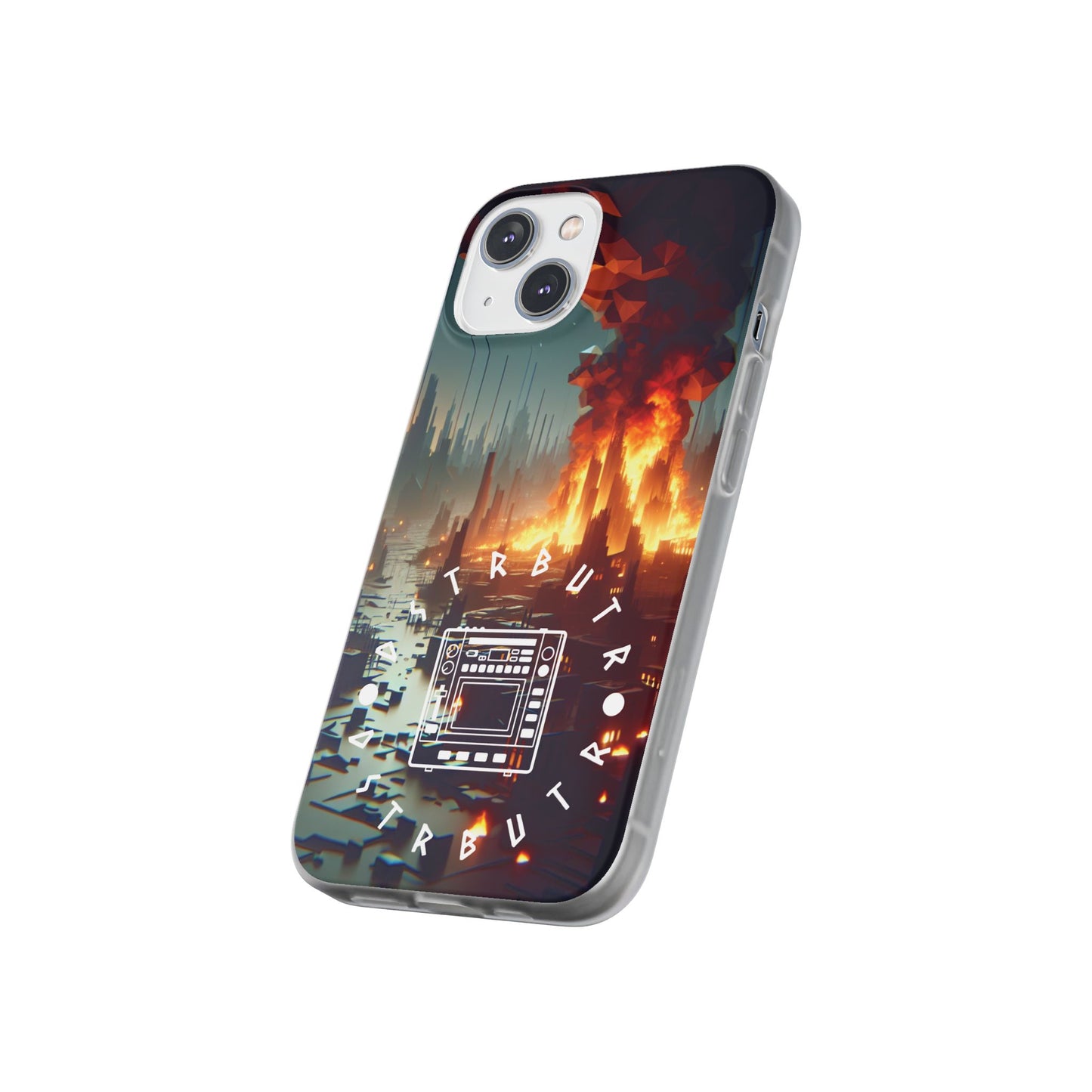 DSTRBUTR Flexi Cases with Fiery Cityscape Design – Perfect for Tech Enthusiasts and Gamers