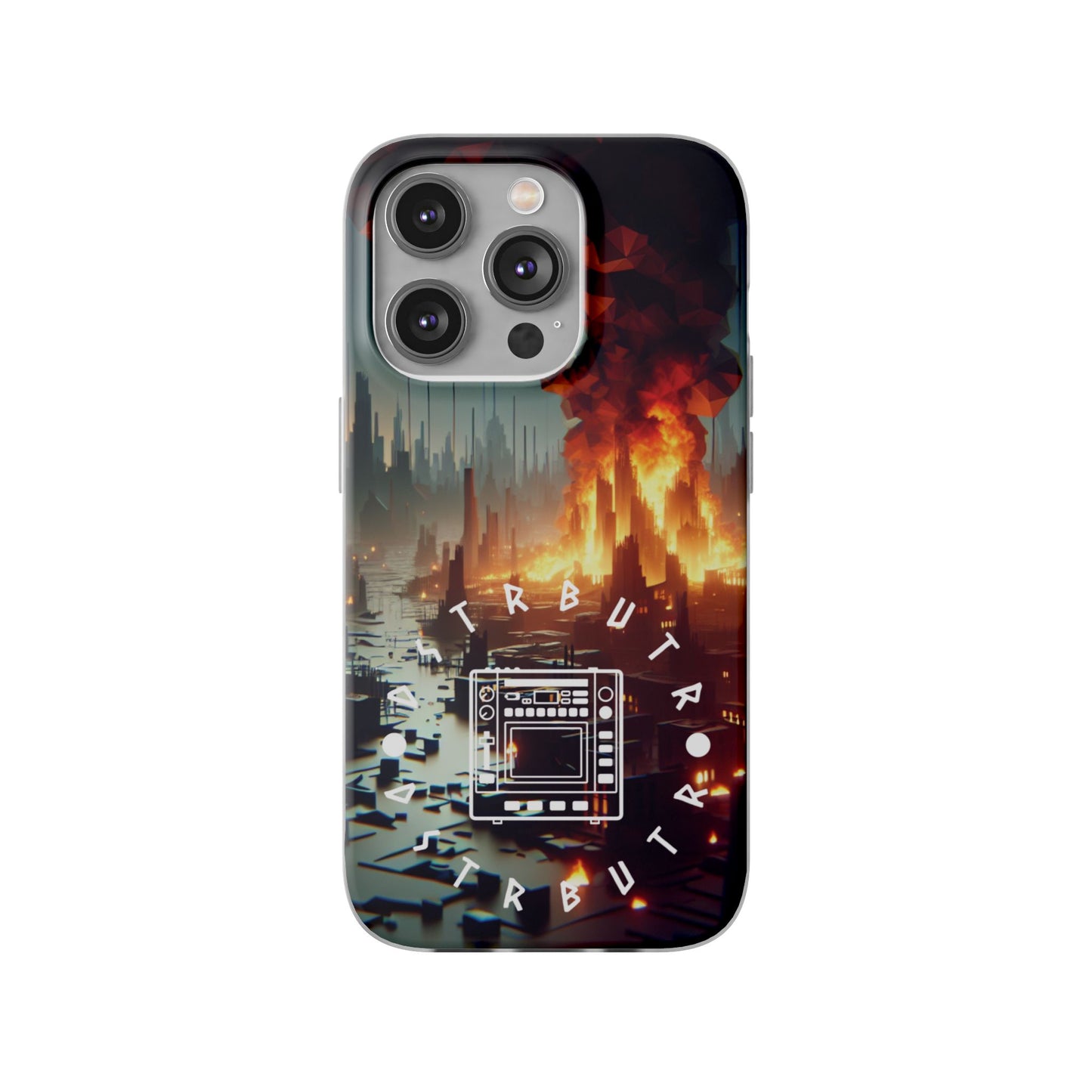 DSTRBUTR Flexi Cases with Fiery Cityscape Design – Perfect for Tech Enthusiasts and Gamers