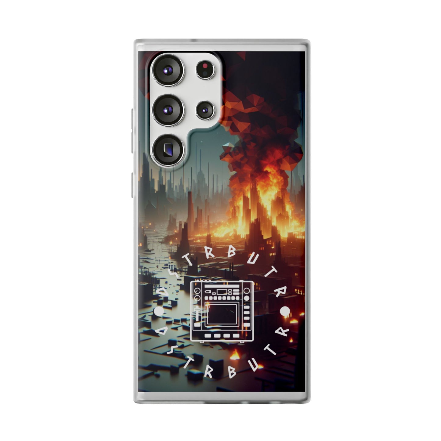 DSTRBUTR Flexi Cases with Fiery Cityscape Design – Perfect for Tech Enthusiasts and Gamers