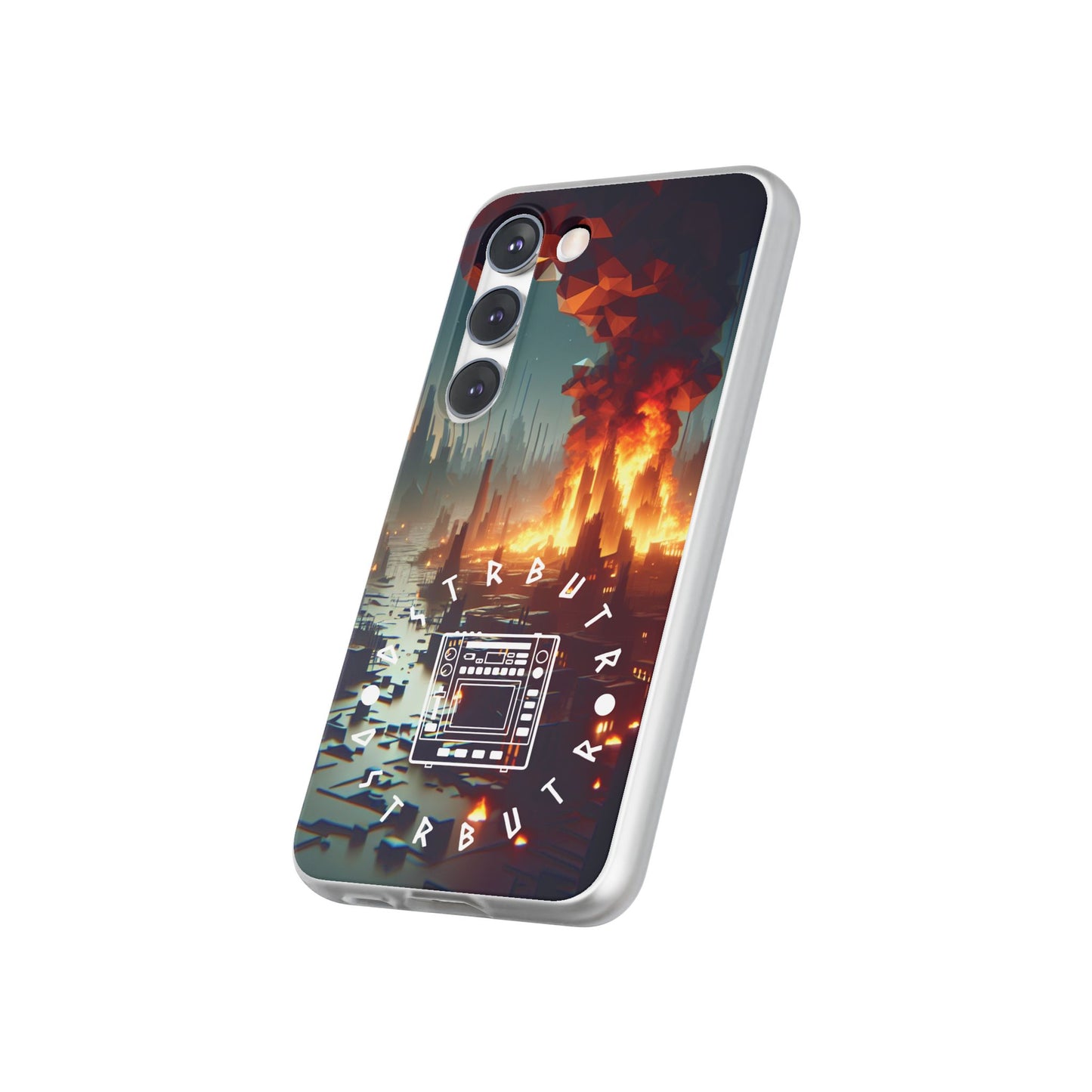 DSTRBUTR Flexi Cases with Fiery Cityscape Design – Perfect for Tech Enthusiasts and Gamers