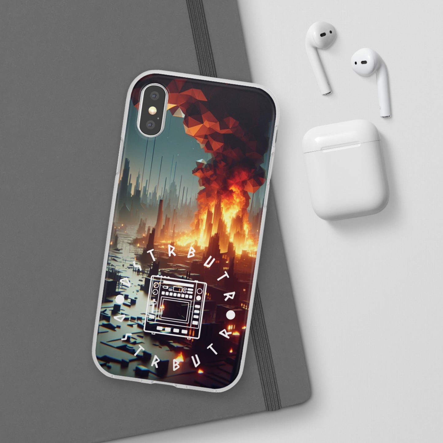 DSTRBUTR Flexi Cases with Fiery Cityscape Design – Perfect for Tech Enthusiasts and Gamers