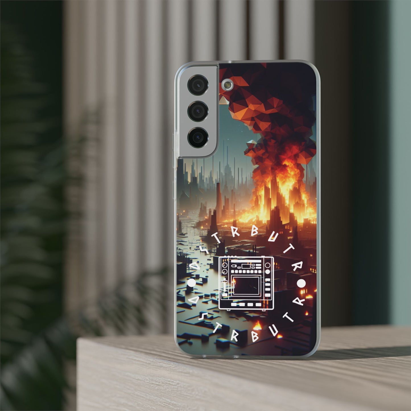 DSTRBUTR Flexi Cases with Fiery Cityscape Design – Perfect for Tech Enthusiasts and Gamers