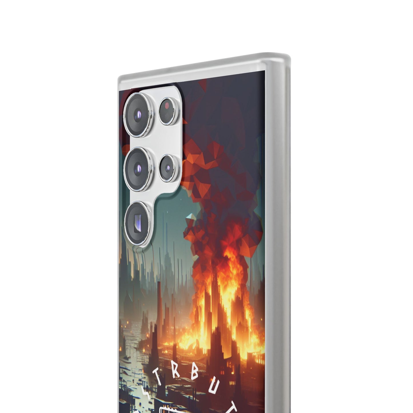 DSTRBUTR Flexi Cases with Fiery Cityscape Design – Perfect for Tech Enthusiasts and Gamers