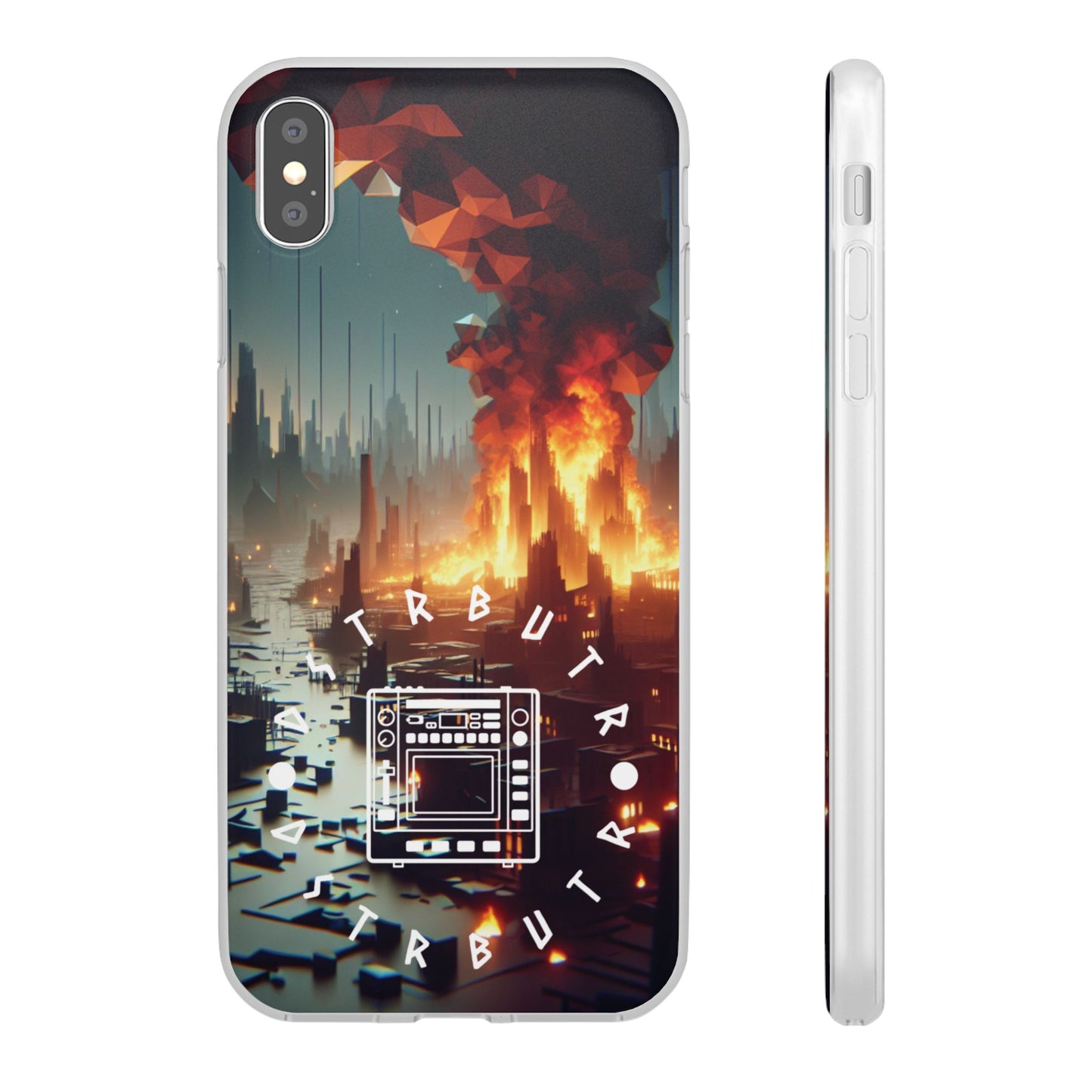 DSTRBUTR Flexi Cases with Fiery Cityscape Design – Perfect for Tech Enthusiasts and Gamers