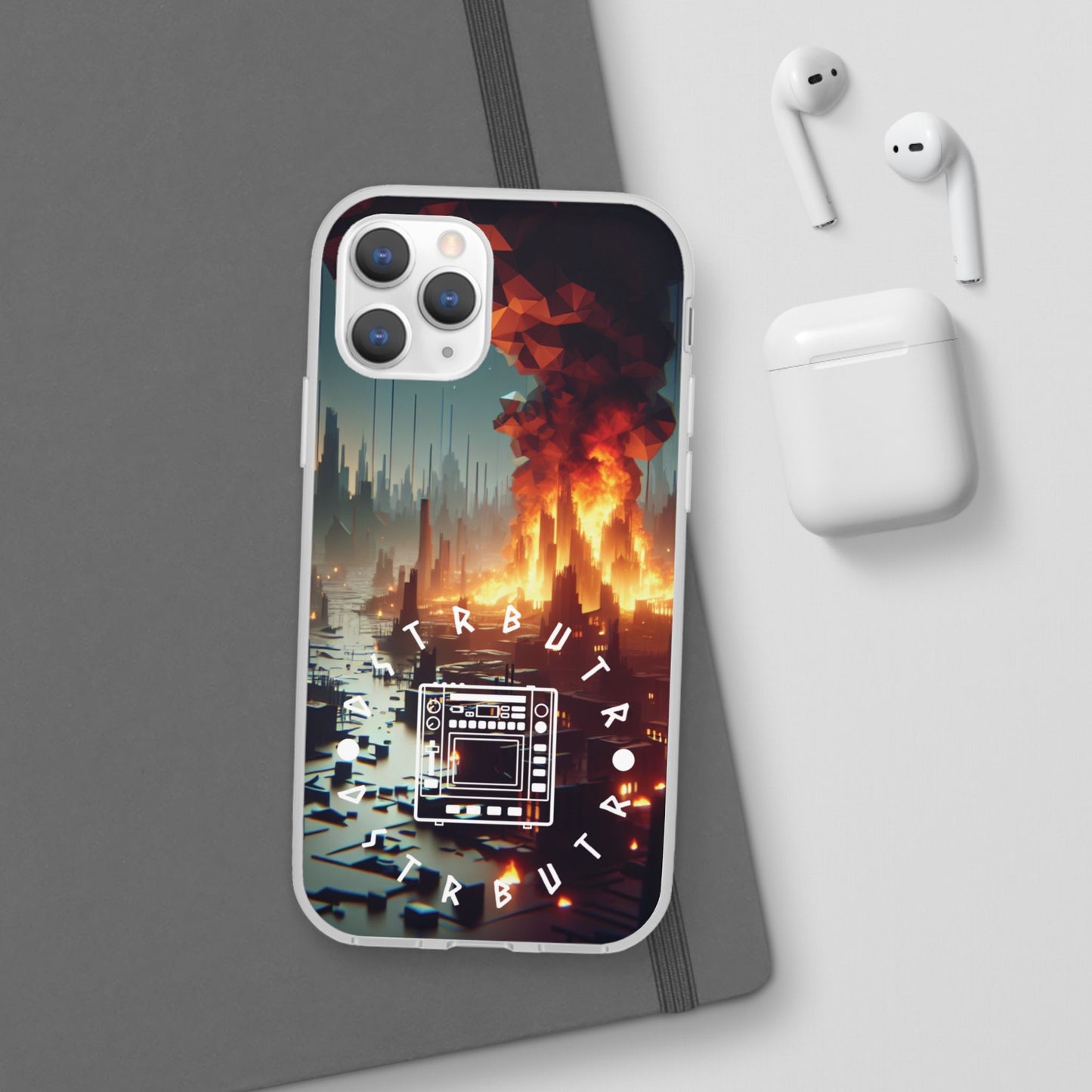 DSTRBUTR Flexi Cases with Fiery Cityscape Design – Perfect for Tech Enthusiasts and Gamers