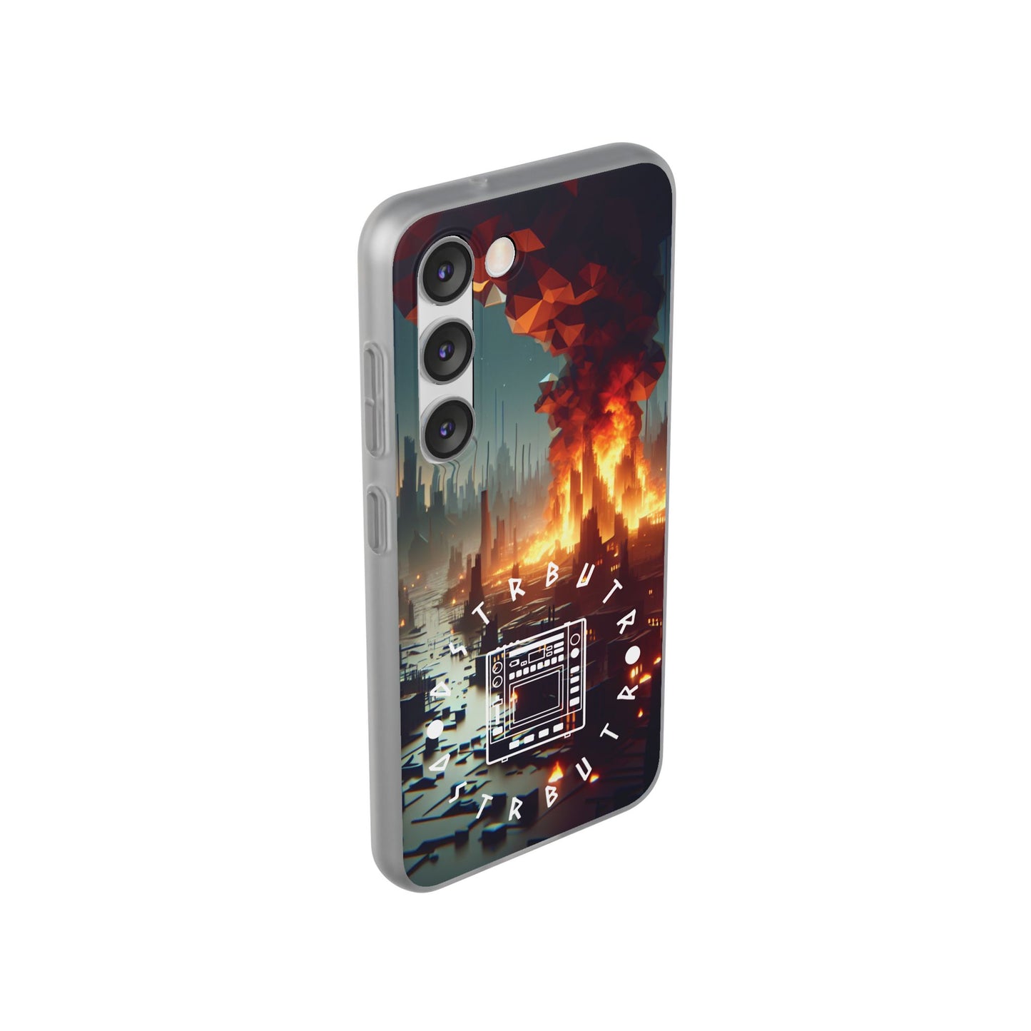 DSTRBUTR Flexi Cases with Fiery Cityscape Design – Perfect for Tech Enthusiasts and Gamers