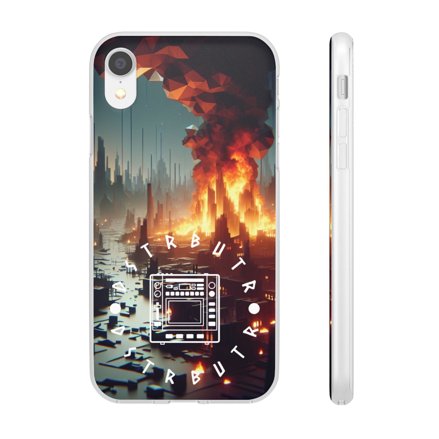 DSTRBUTR Flexi Cases with Fiery Cityscape Design – Perfect for Tech Enthusiasts and Gamers