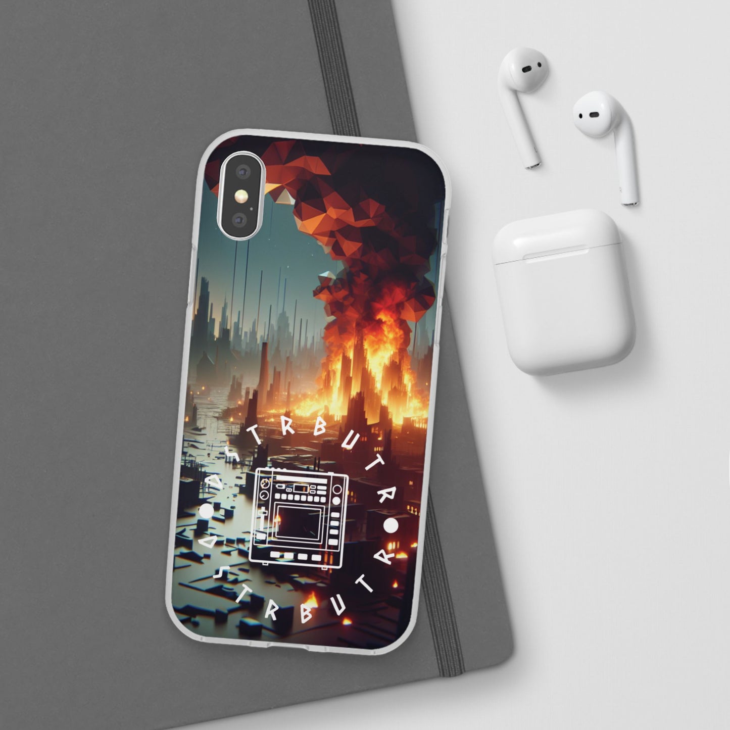 DSTRBUTR Flexi Cases with Fiery Cityscape Design – Perfect for Tech Enthusiasts and Gamers